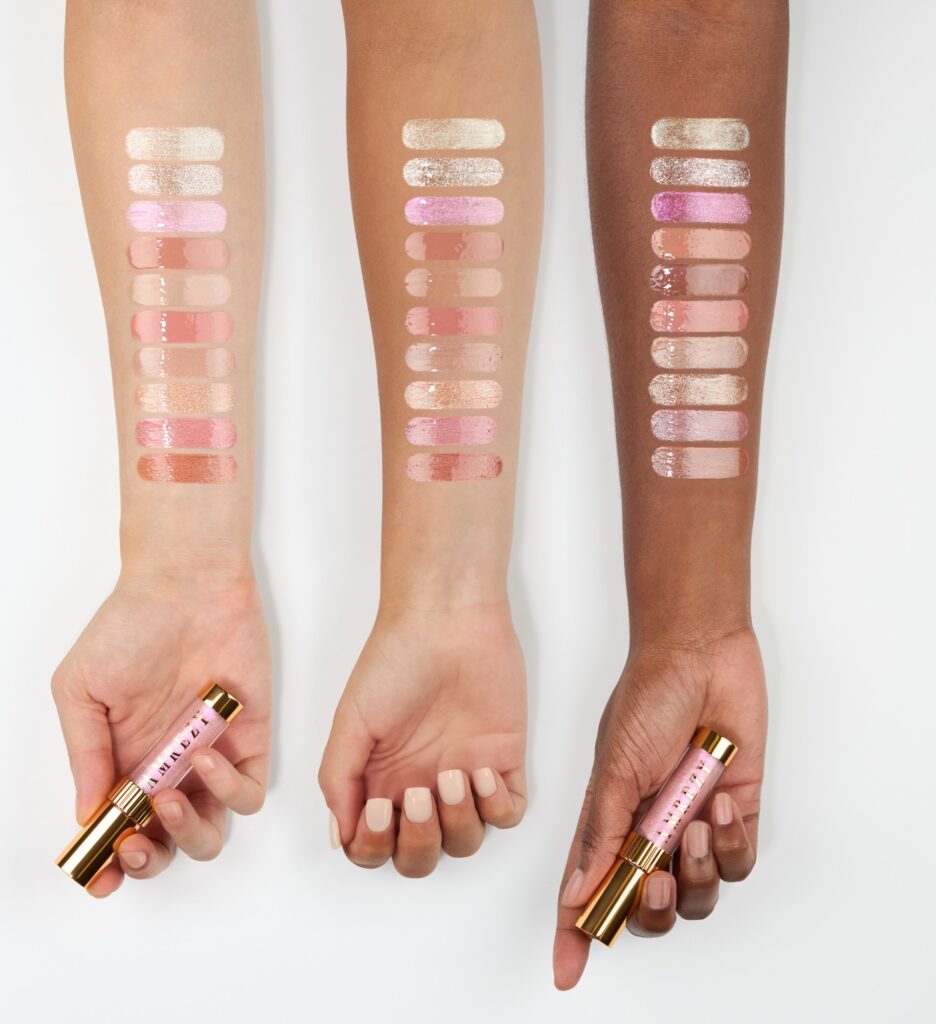 arm swatches textures of lip gloss lip stick on 3 skintone models