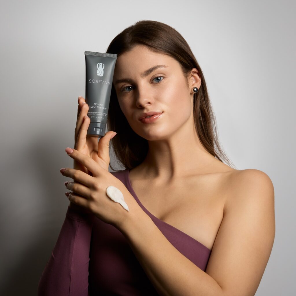model showing skincare texture for skincare photography in studio
